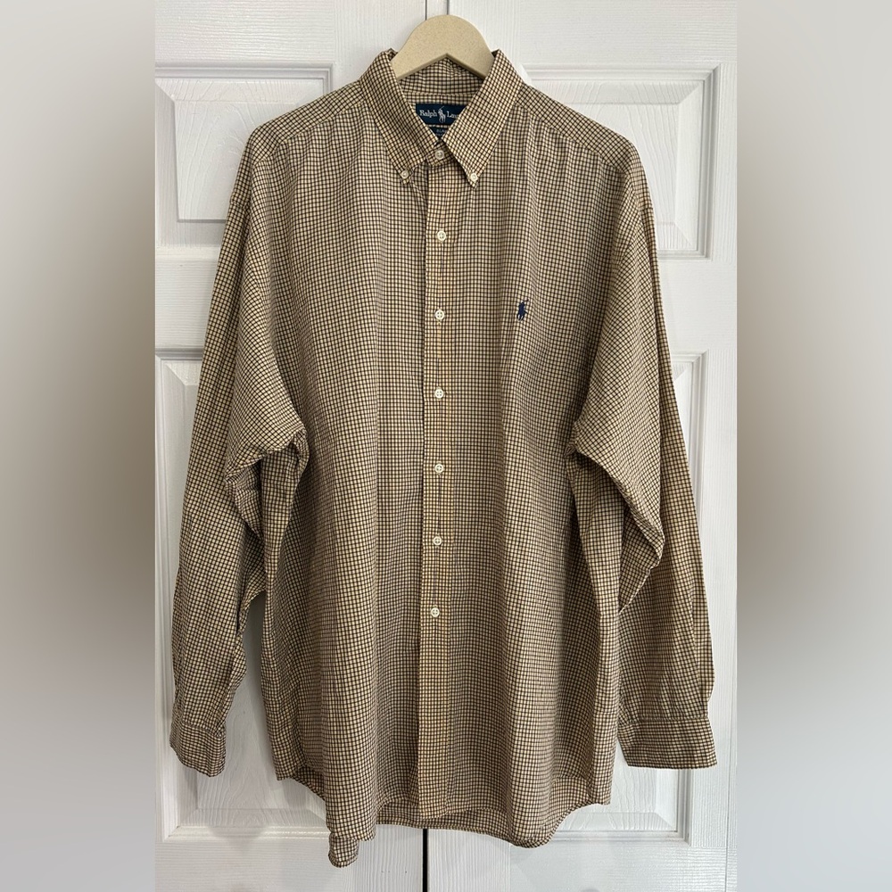 Ralph Lauren Blake Long Sleeve Button Up Shirt Mens Size XL Yellow Plaid Cotton